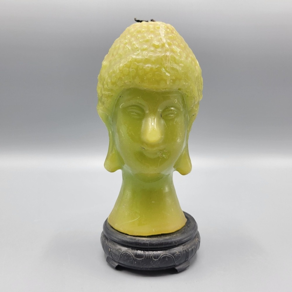 Vintage Green Buddha Head Candle Bust Figurine On Ornate Black Base Hong Kong